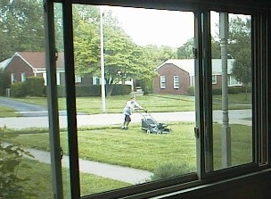 Ryan mowing my lawn (back in May of 2001)