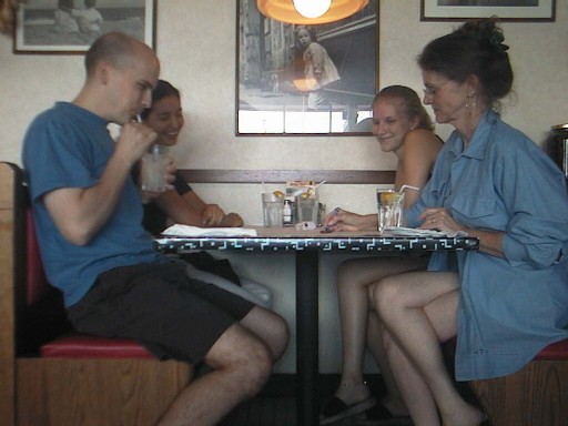 Brett Rochelle Rachel Mom at a restaurant July 2002