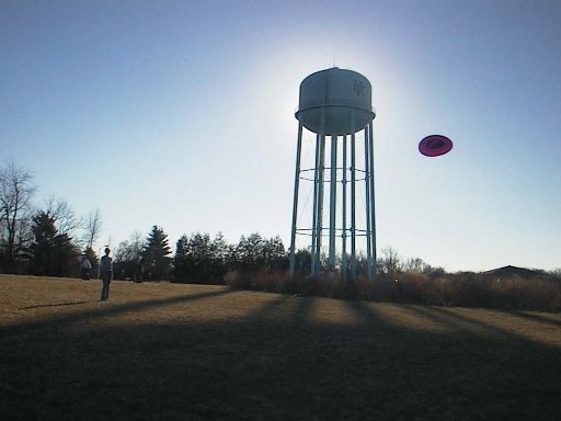 Kelly and the big water tower shadow (in Feb 2002)